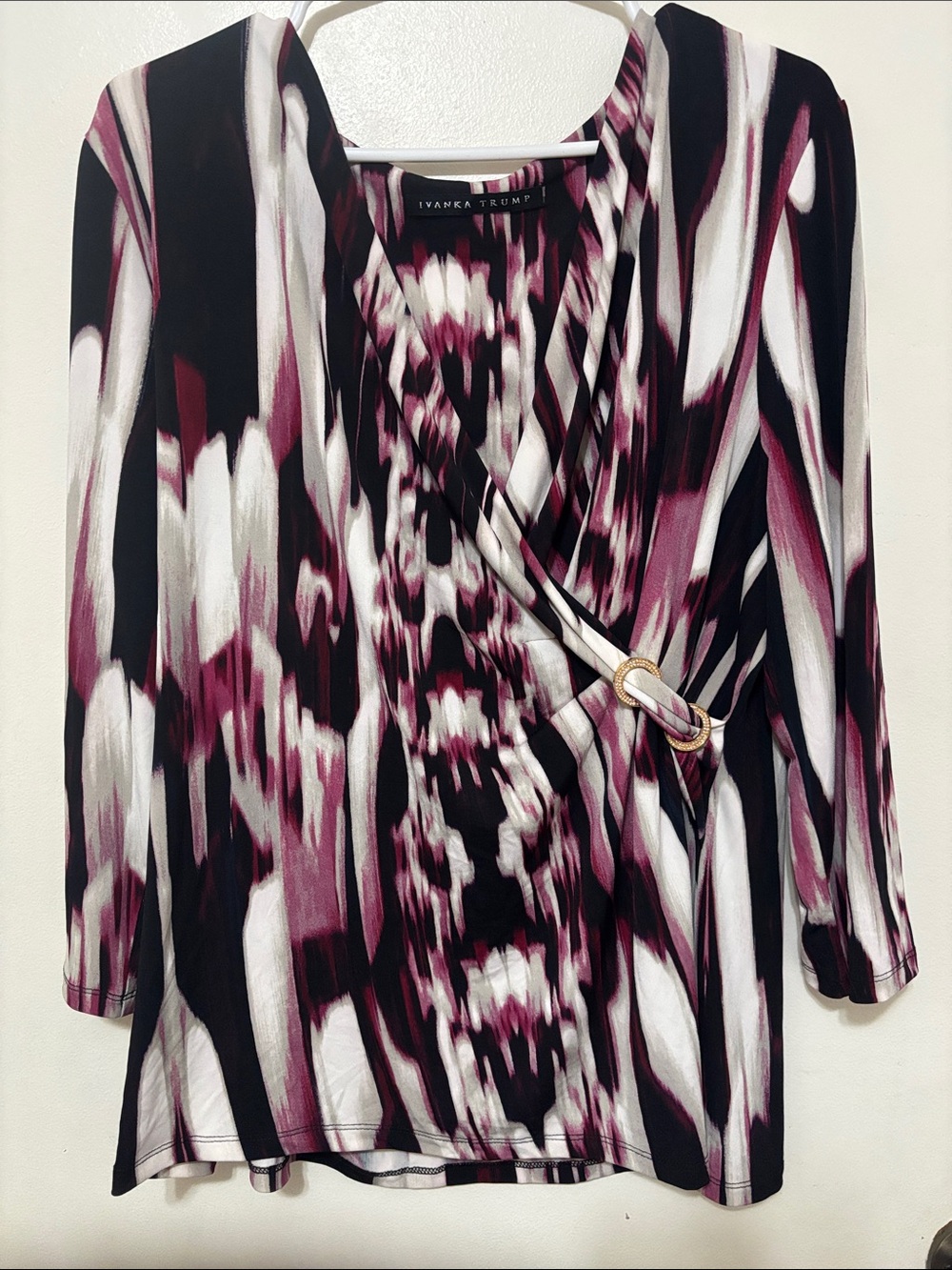 Ivanka Trump Black, White & Burgundy Abstract Wrap Blouse with Ring Detail